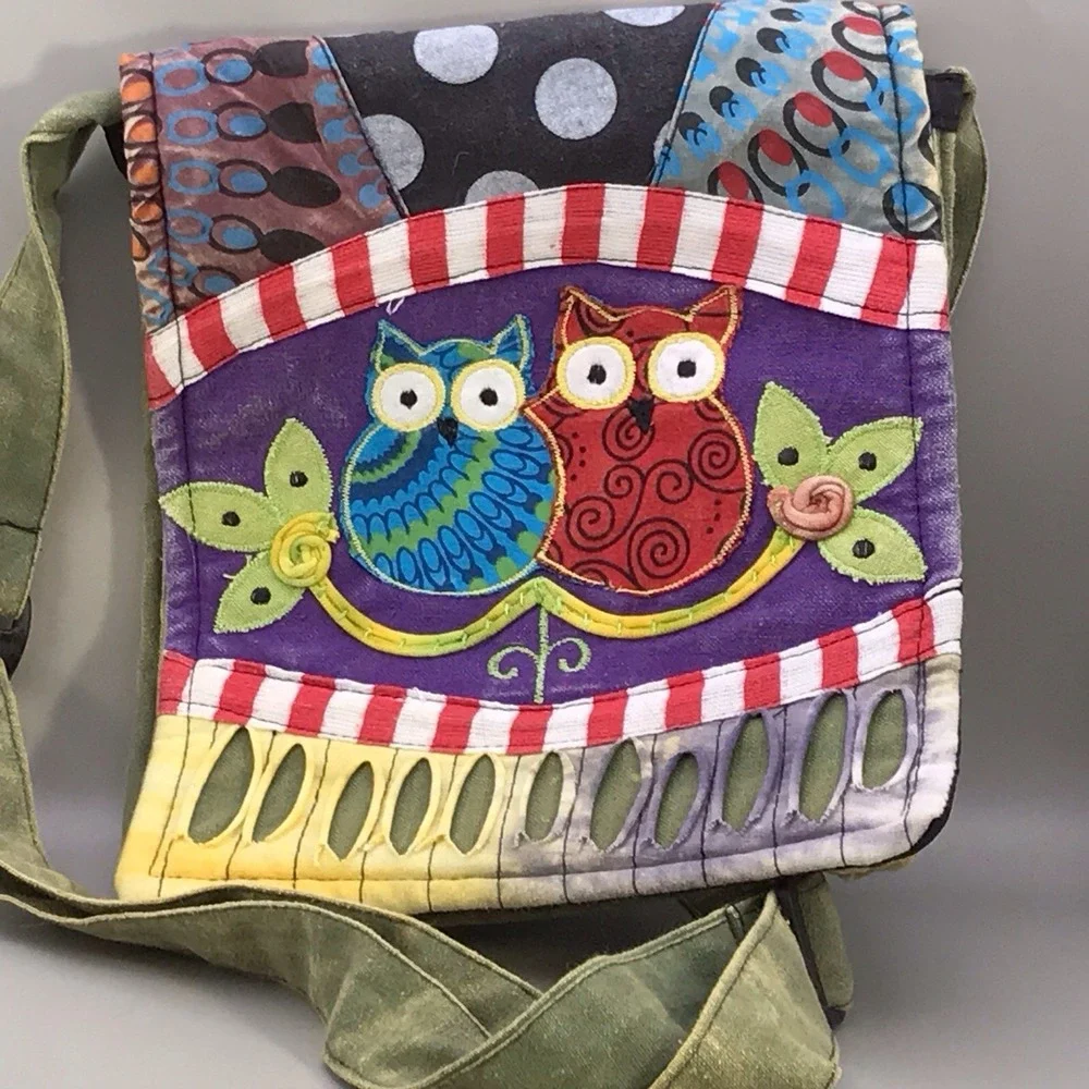 Rising International Multicolored Patchwork Owl Crossbody Bag Purse Adj Strap